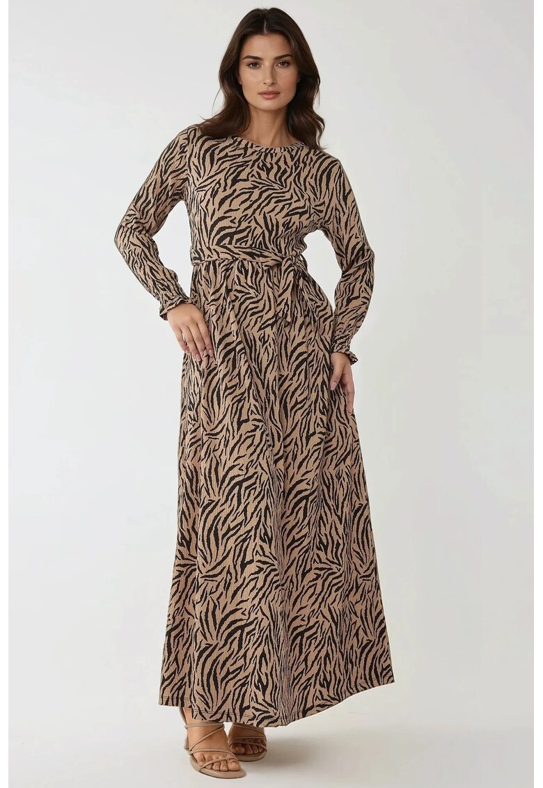 Rochie maxi - guler rotund - imprimeu - maro