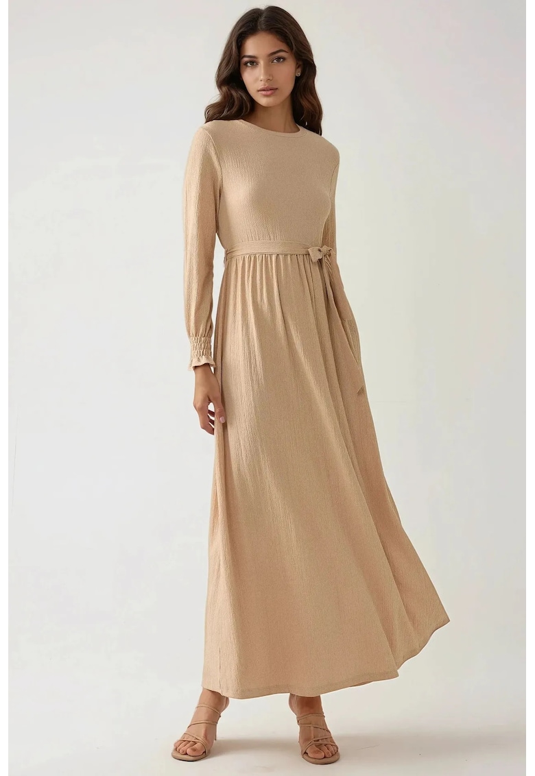 Rochie maxi - texturata - guler rotund - bej - jerseu