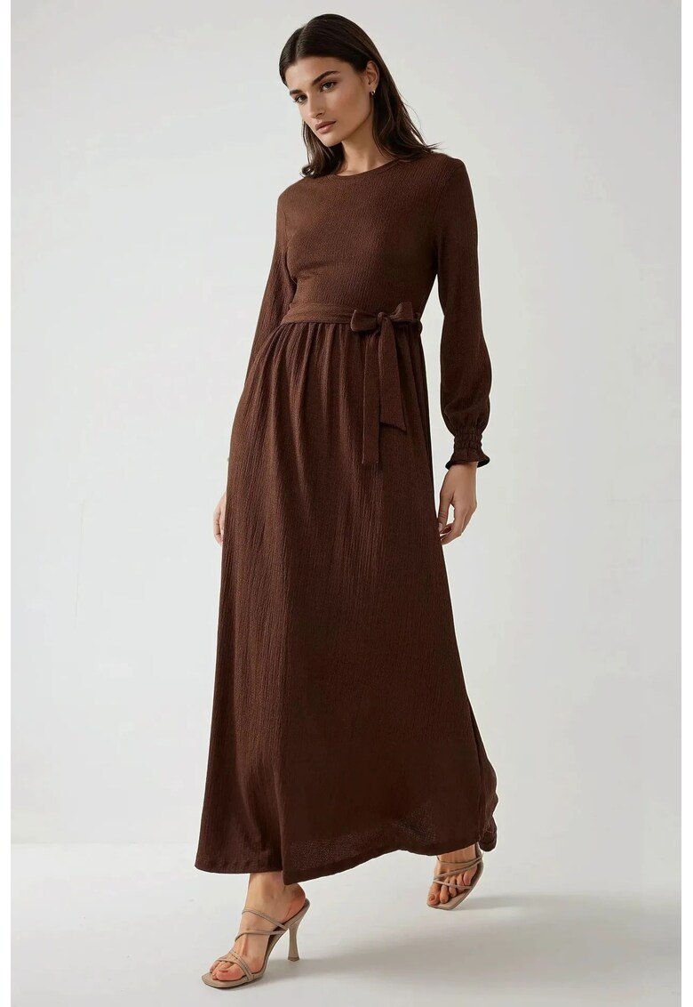 Rochie maxi - texturata - guler rotund - maro - jerseu