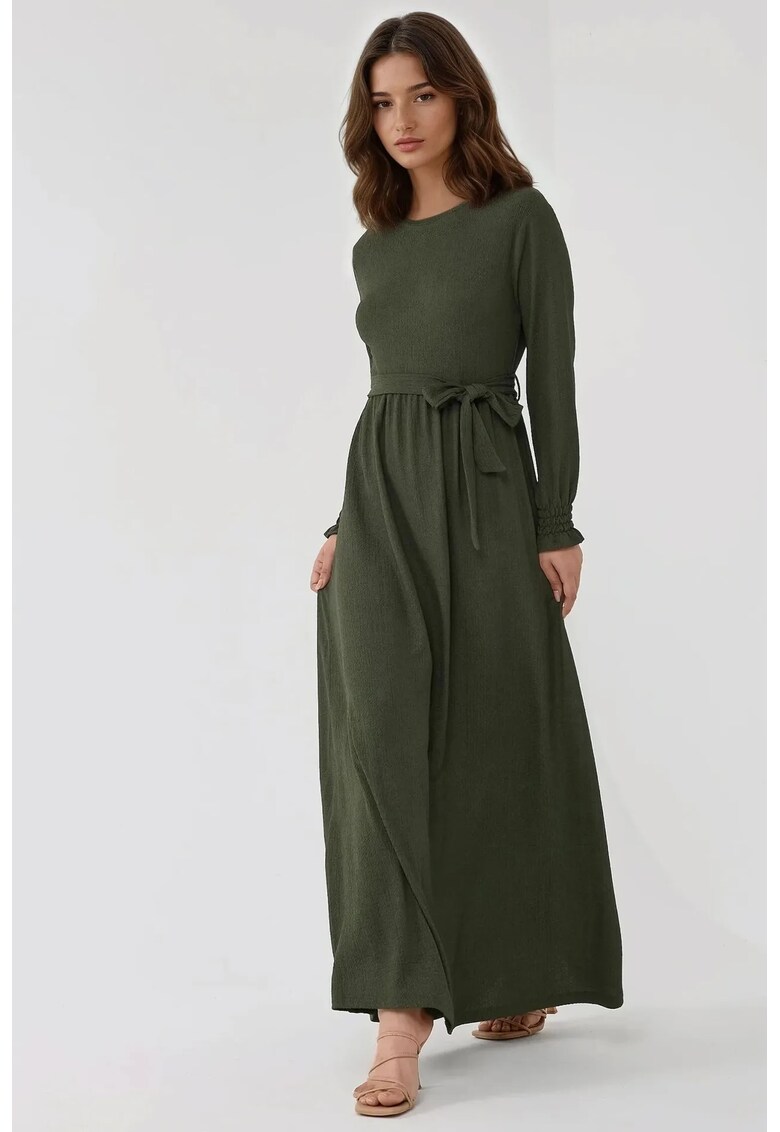 Rochie maxi - texturata - guler rotund - kaki - jerseu