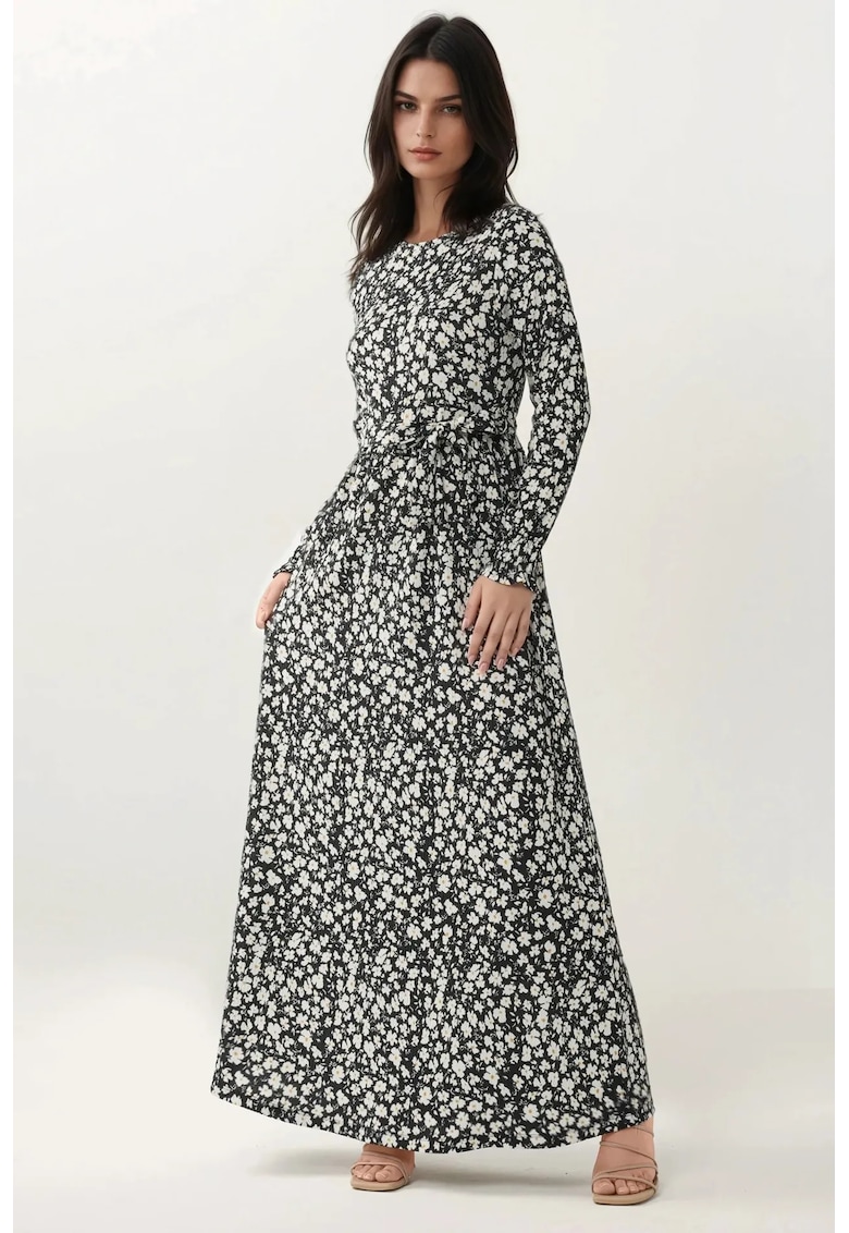 Rochie maxi guler rotund - imprimeu floral - maneci lungi - negru - jerseu