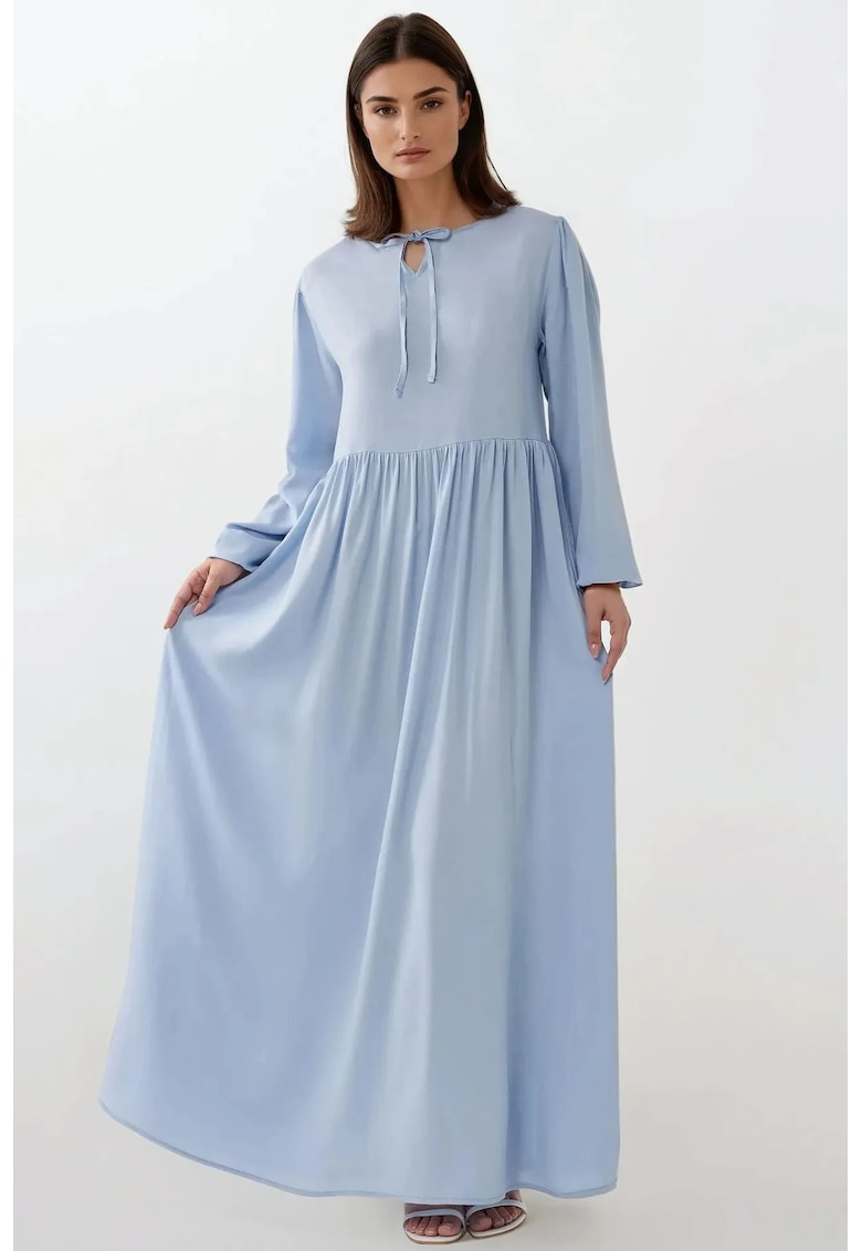 Rochie maxi -  croiala in A - guler rotund - albastru - textil