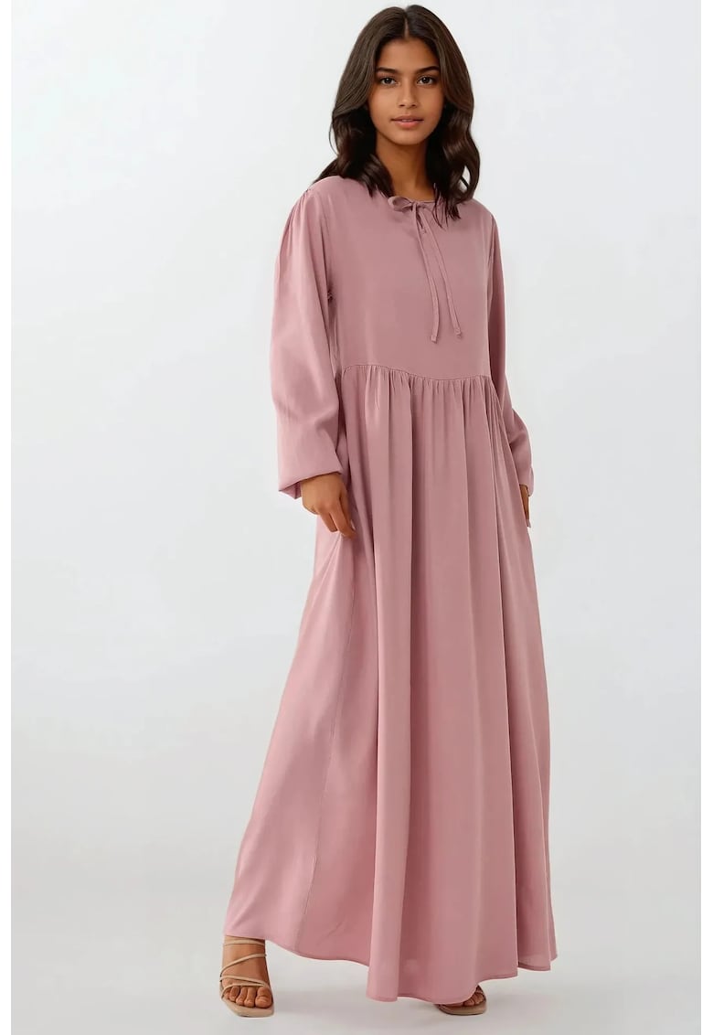 Rochie maxi -  croiala in forma de A - guler rotund - roz - textil