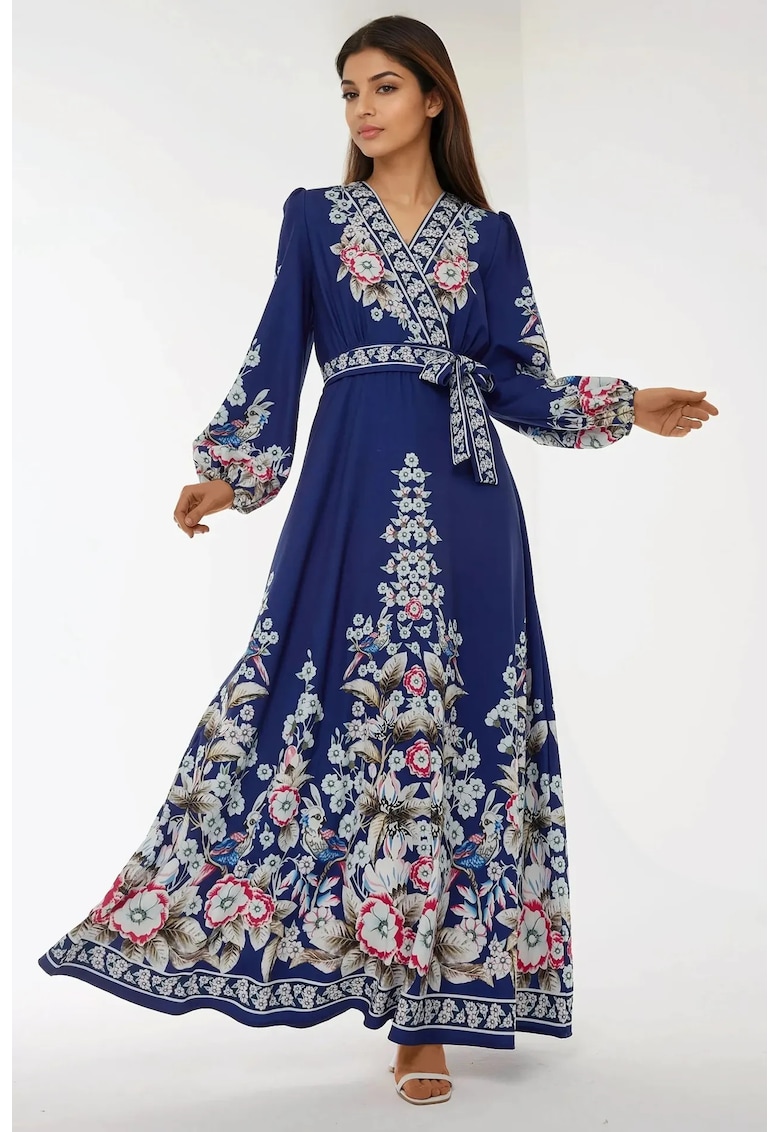 Rochie maxi - imprimeu - decolteu in V - maneci lungi - albastra - textil