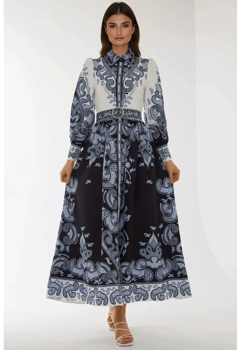 Rochie maxi maneca lunga - imprimeu - Albastru marin
