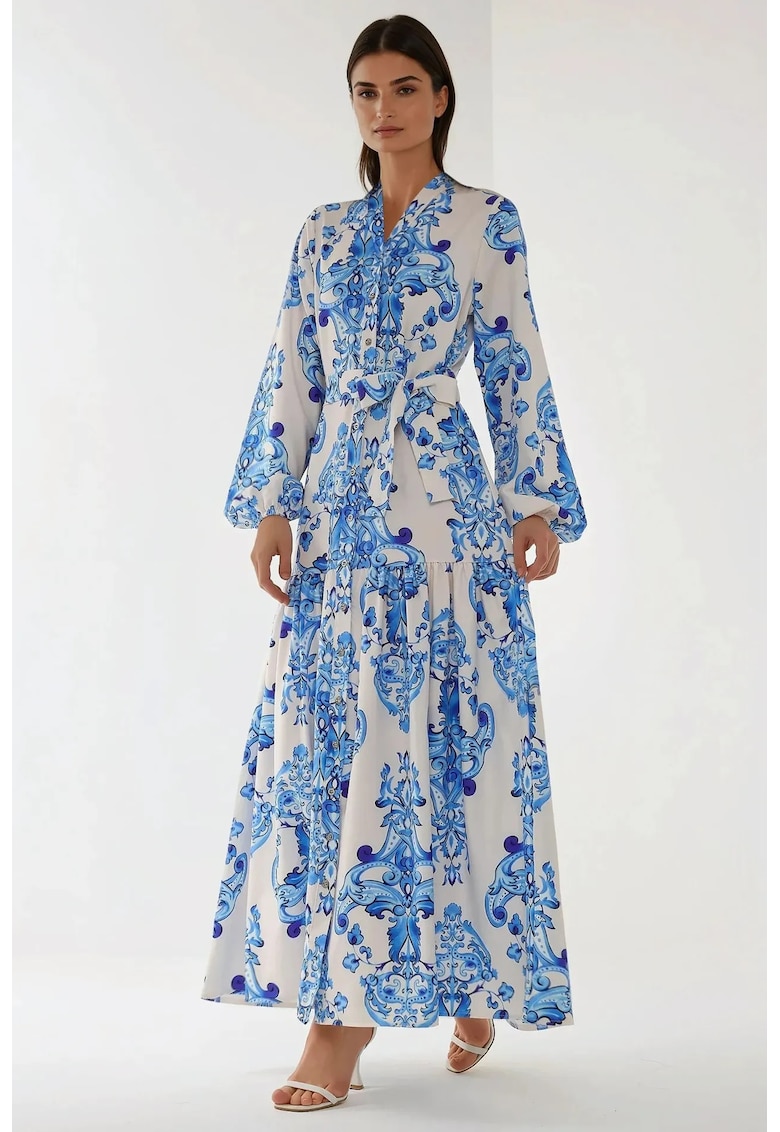 Rochie maxi maneca lunga - imprimeu - albastru - bumbac - poliester - lycra