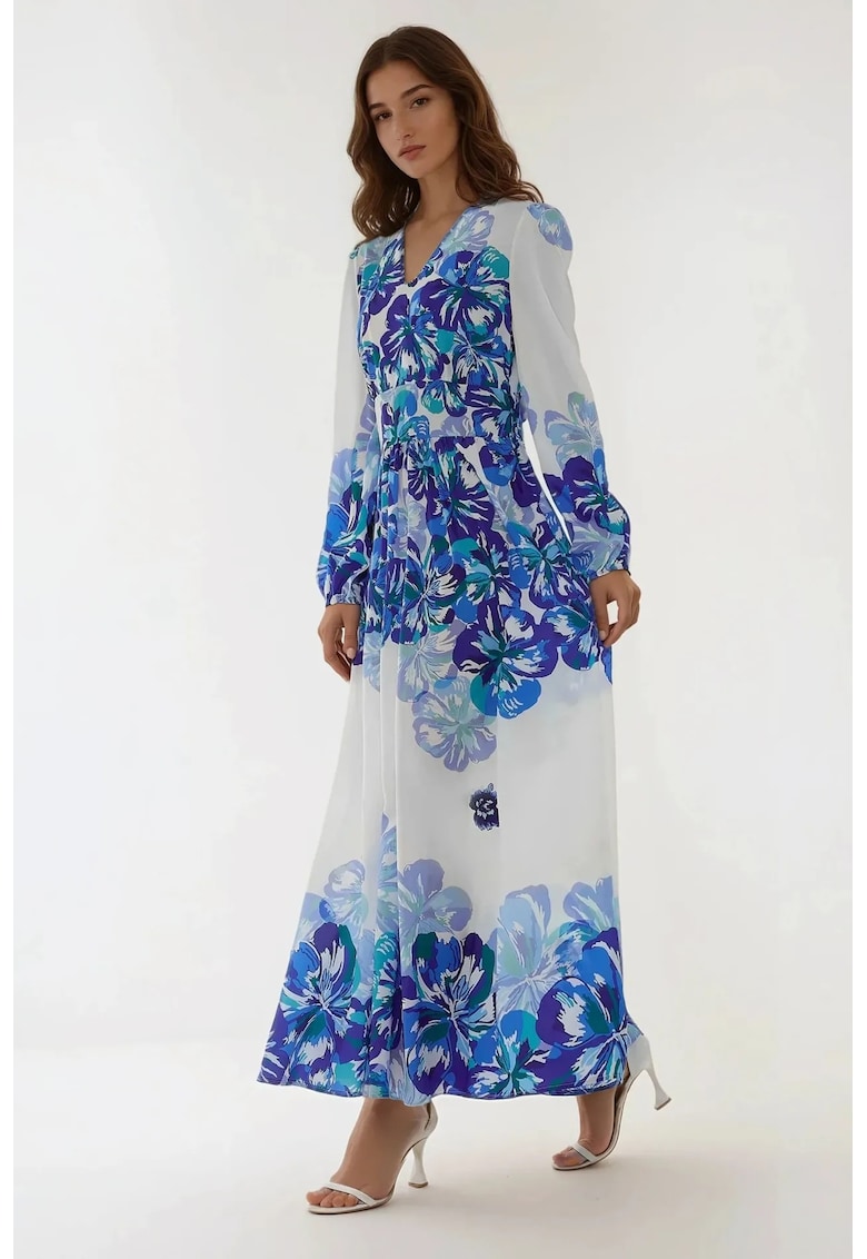 Rochie maxi - decolteu in V - albastru - textil