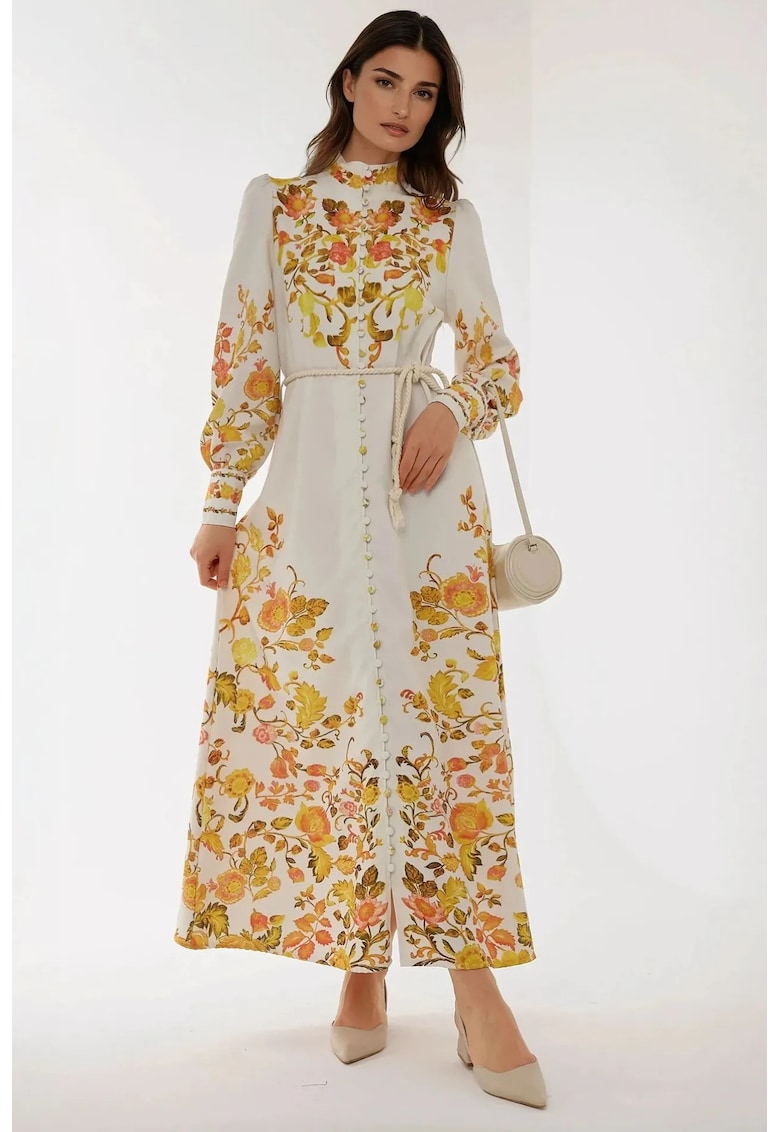 Rochie maxi - imprimeu - maneca lunga - multicolor - textil