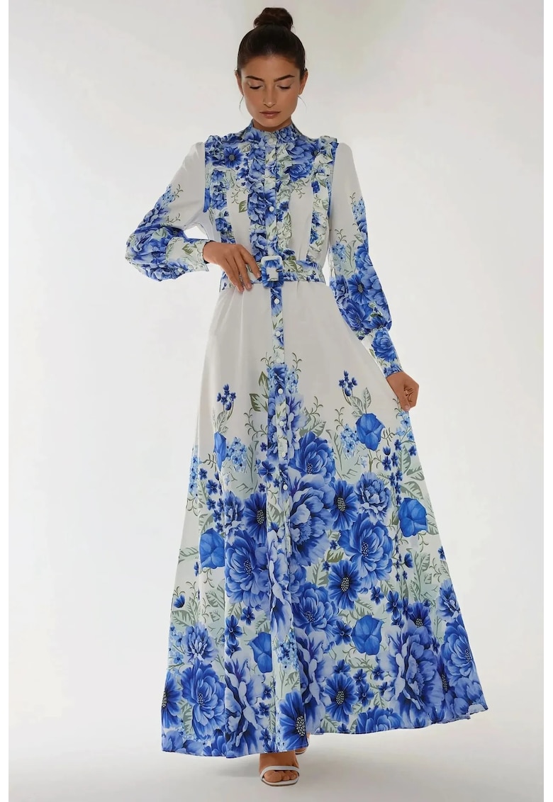 Rochie maxi maneca lunga - imprimeu floral - albastru - textil