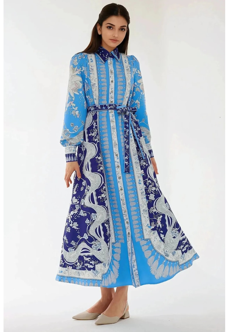 Rochie maneca lunga - albastra - textil