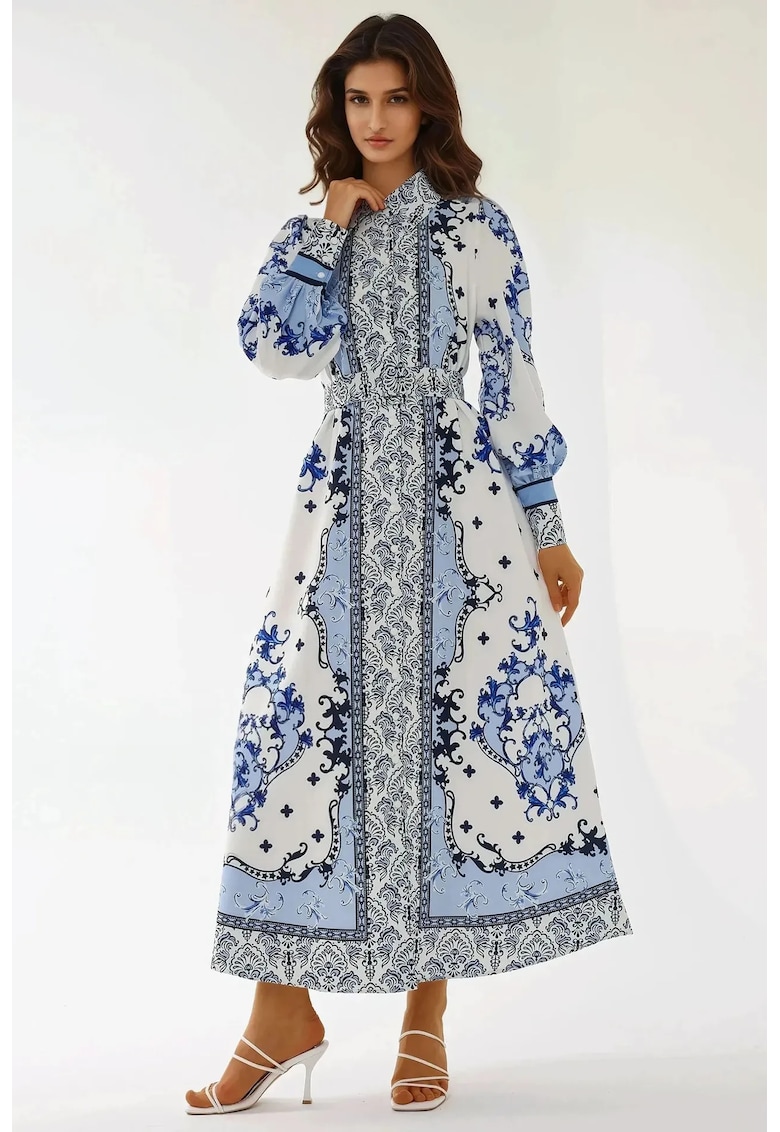 Rochie maxi maneca lunga - albastru - textil