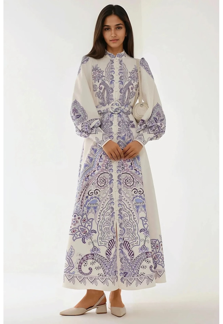 Rochie maxi - imprimeu - maneci lungi - multicolor - textil