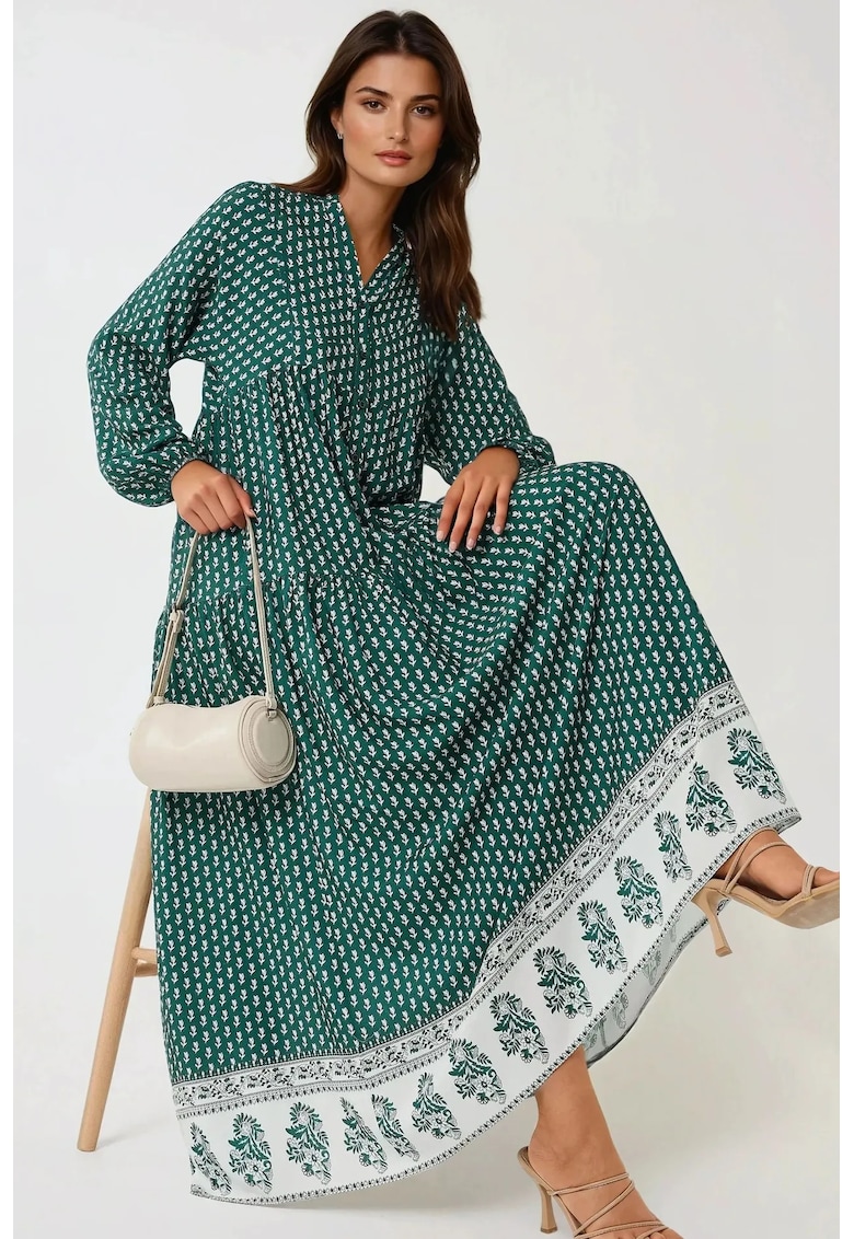 Rochie maxi - imprimeu - decolteu in V - verde - textil