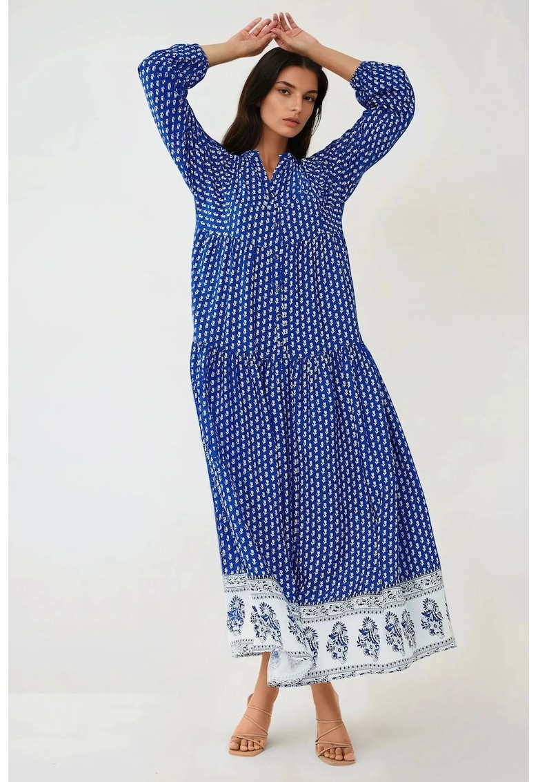 Rochie maxi - imprimeu - decolteu in V - albastru - textil