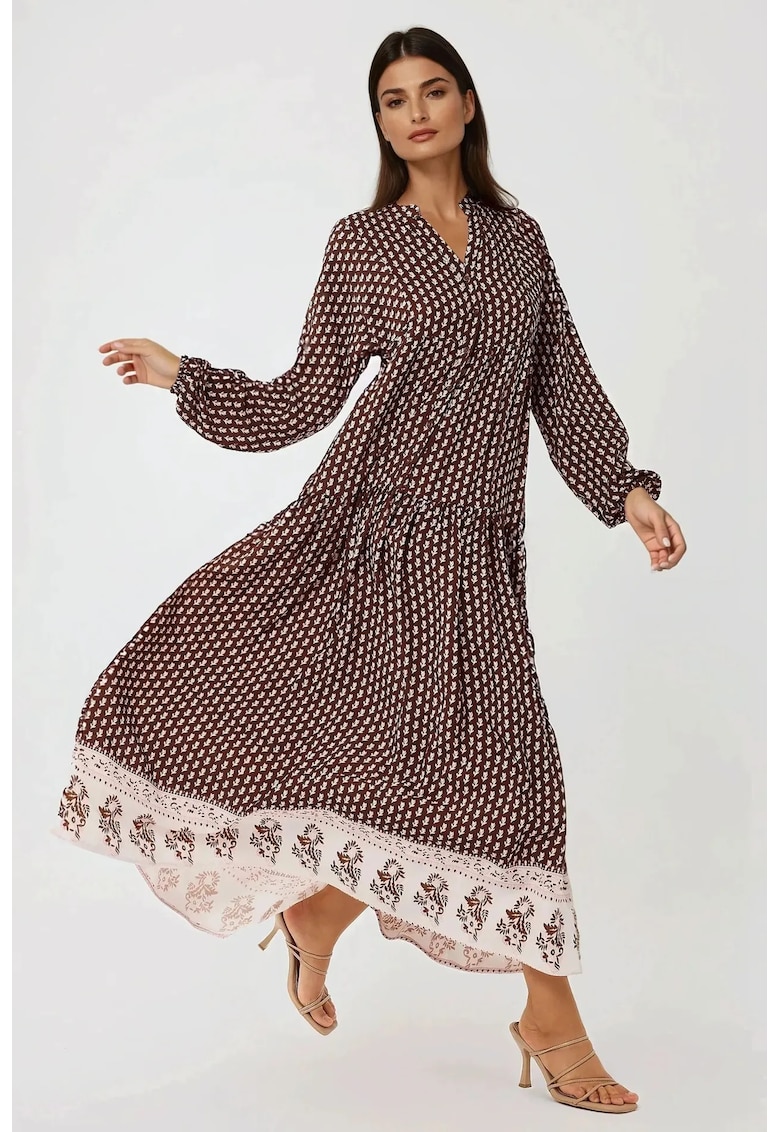 Rochie maxi - imprimeu - decolteu in V - maro - textil
