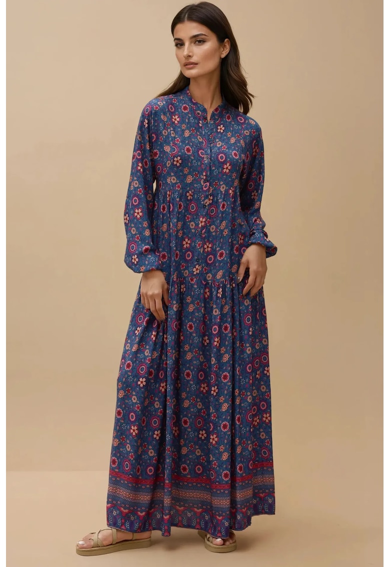 Rochie maxi - imprimeu - decolteu in V - albastra - textil