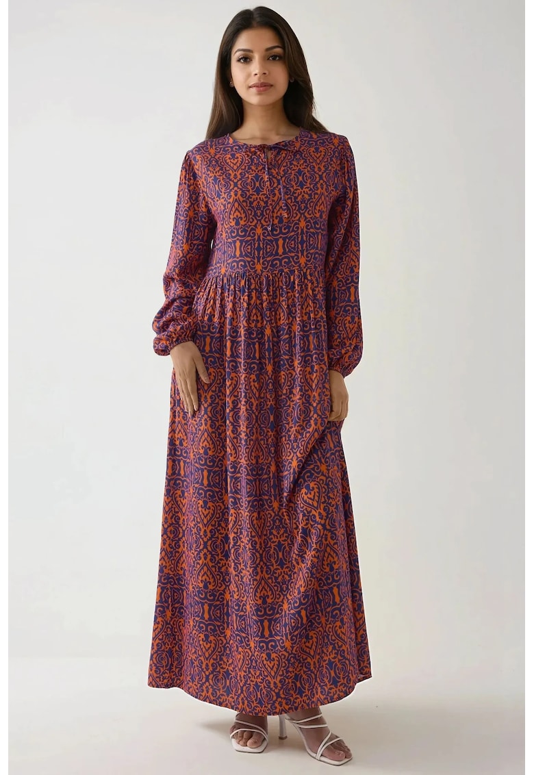 Rochie maxi -  A-line - imprimeu delicat - portocalie - textil