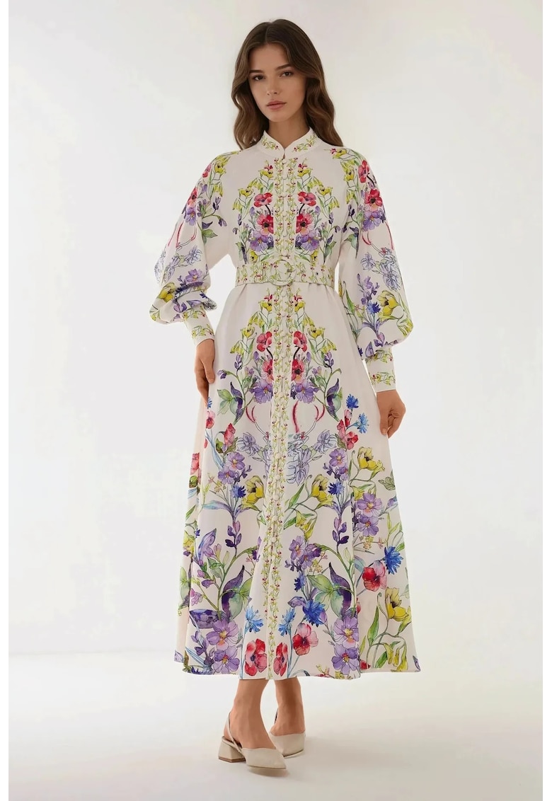 Rochie maxi maneca lunga - imprimeu - alb - bumbac - poliester - lycra