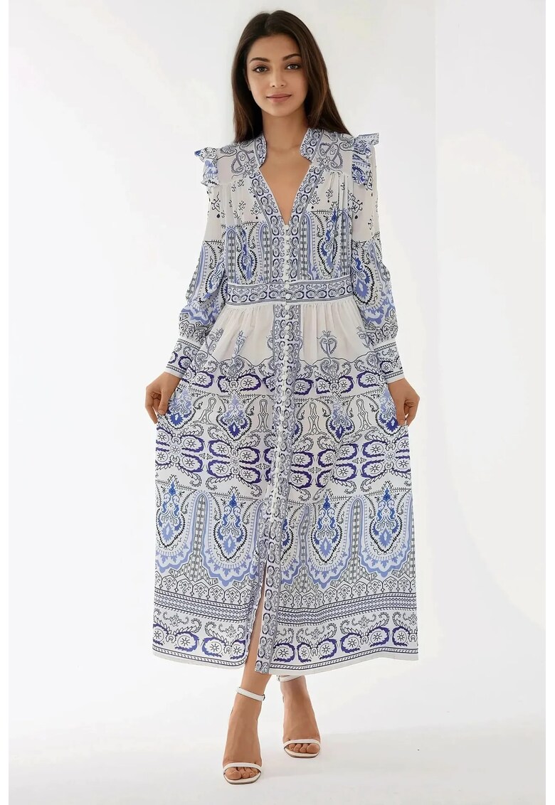 Rochie maxi - imprimeu vibrant - decolteu in V - multicolor - textil