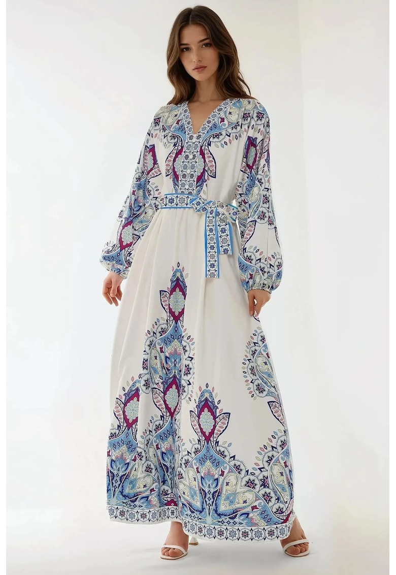 Rochie maxi - imprimeu - decolteu in V - multicolora - bumbac - poliester - lycra