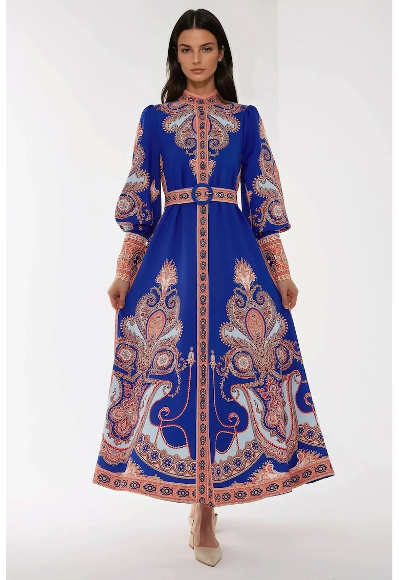 Rochie maxi maneca lunga - imprimeu floral - albastra - material subtire