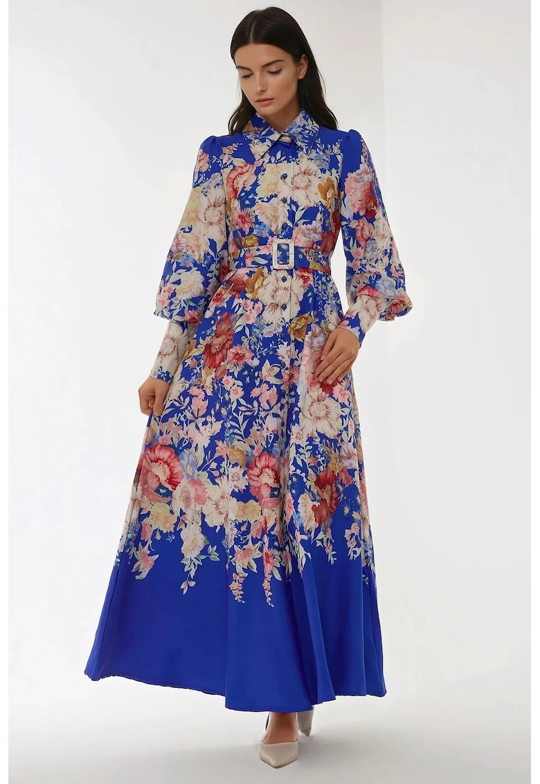 Rochie maxi maneca lunga - imprimeu - albastru - material textil
