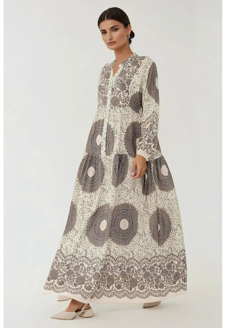 Rochie maxi - maneca lunga - imprimeu - bej - viscoza