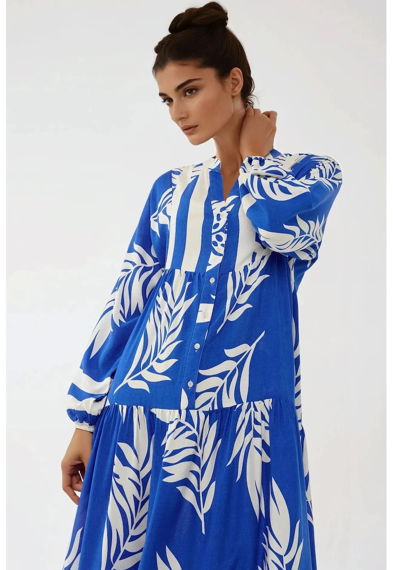 Rochie maxi - imprimeu - decolteu V - albastra - viscoza