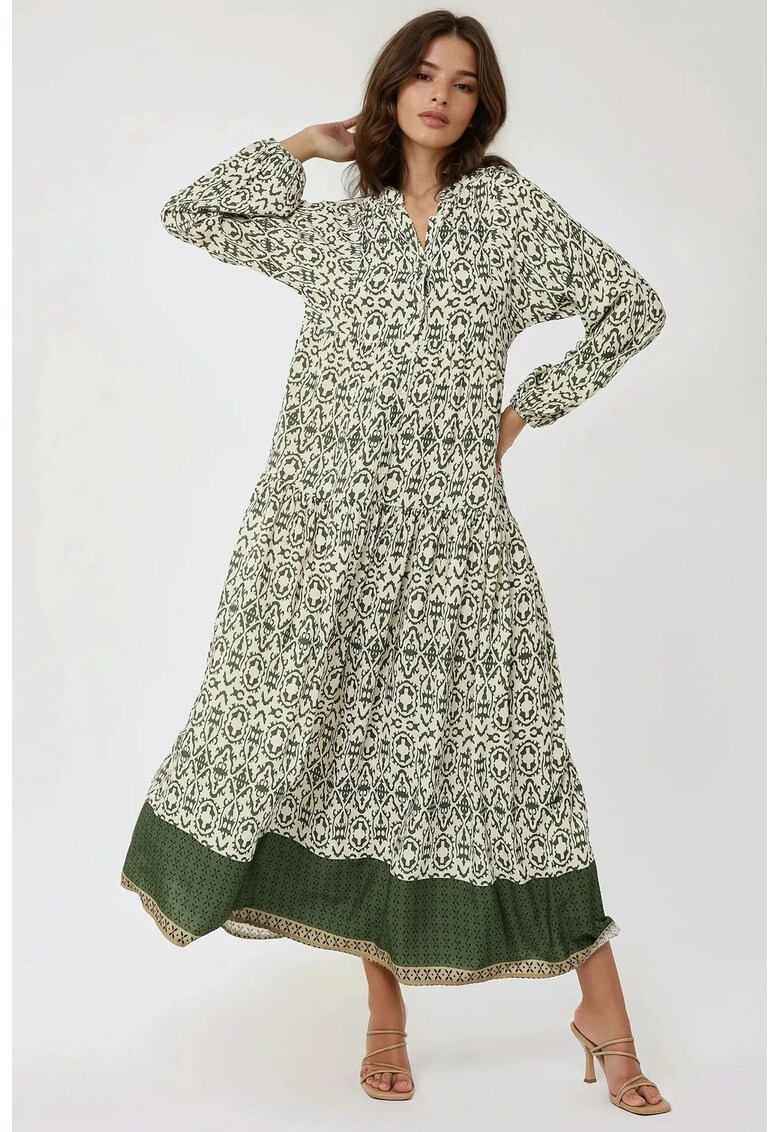Rochie maxi - imprimeu - guler camasa - verde - textil