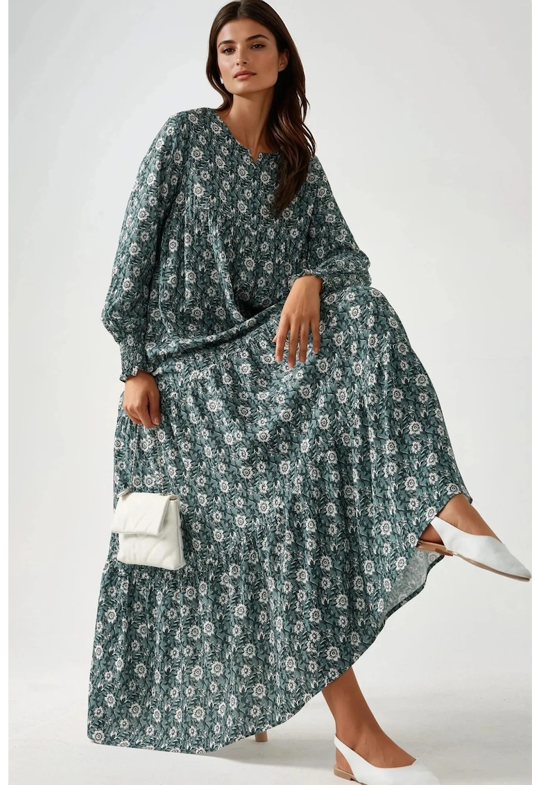 Rochie maxi imprimeu - guler rotund - verde - viscoza