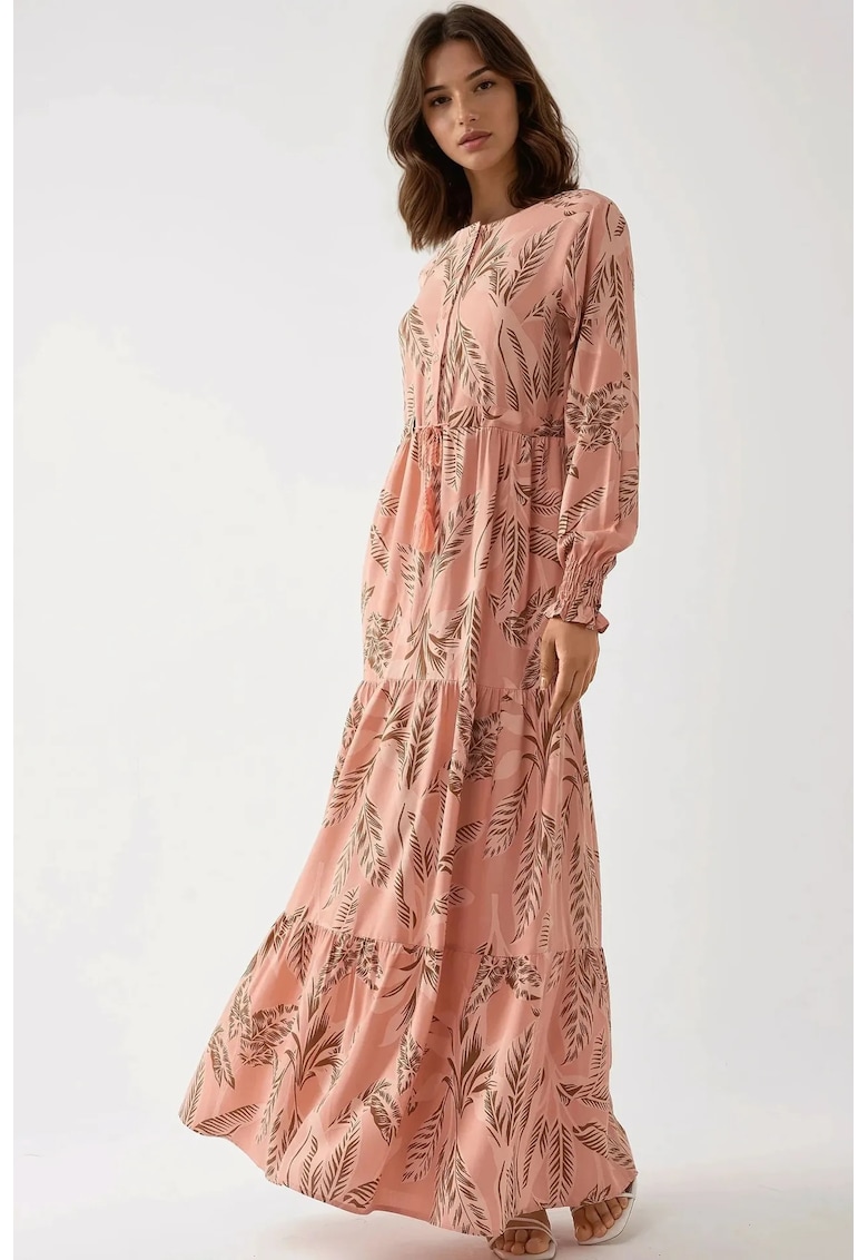 Rochie maxi - imprimeu frunze - roz - viscoza