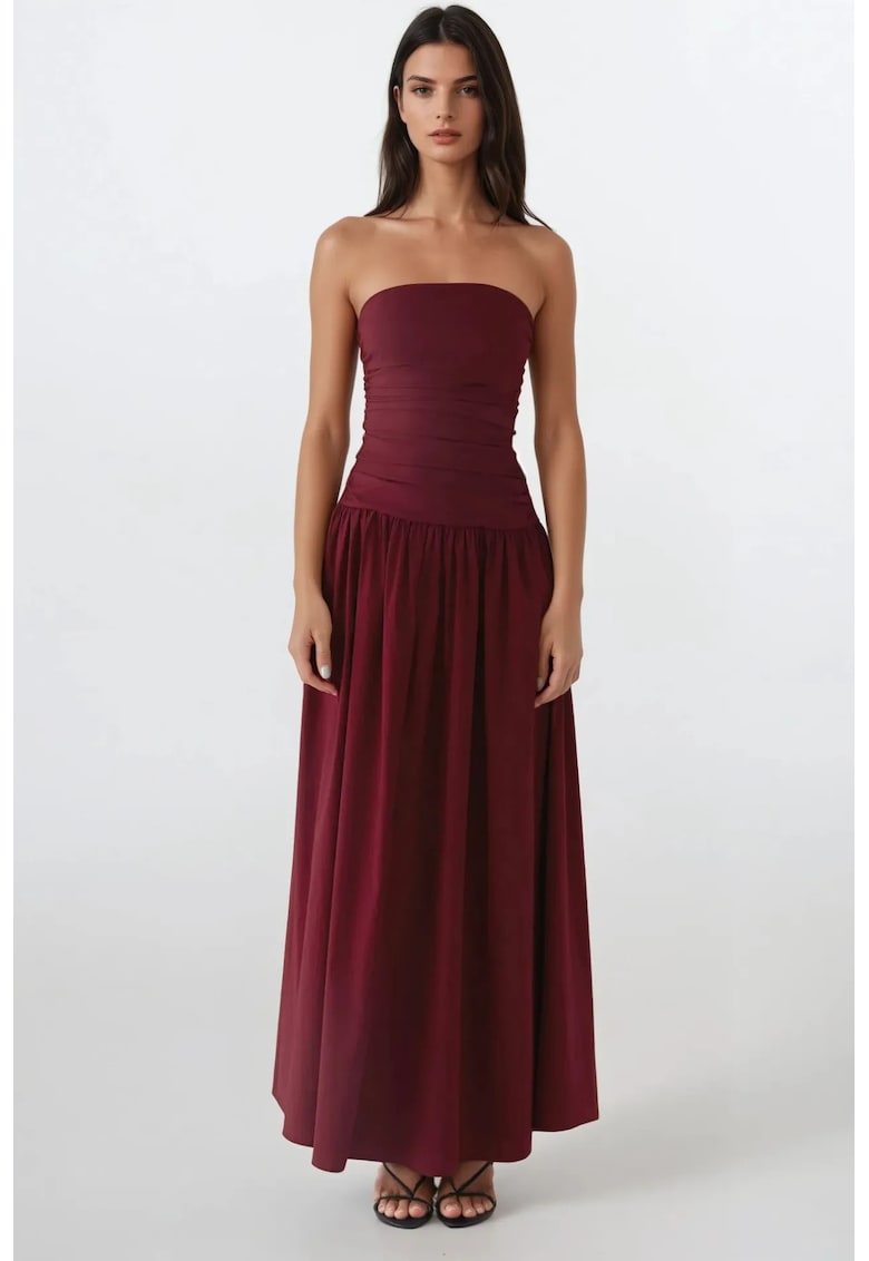 Rochie maxi fara bretele - volan - rosu - textil