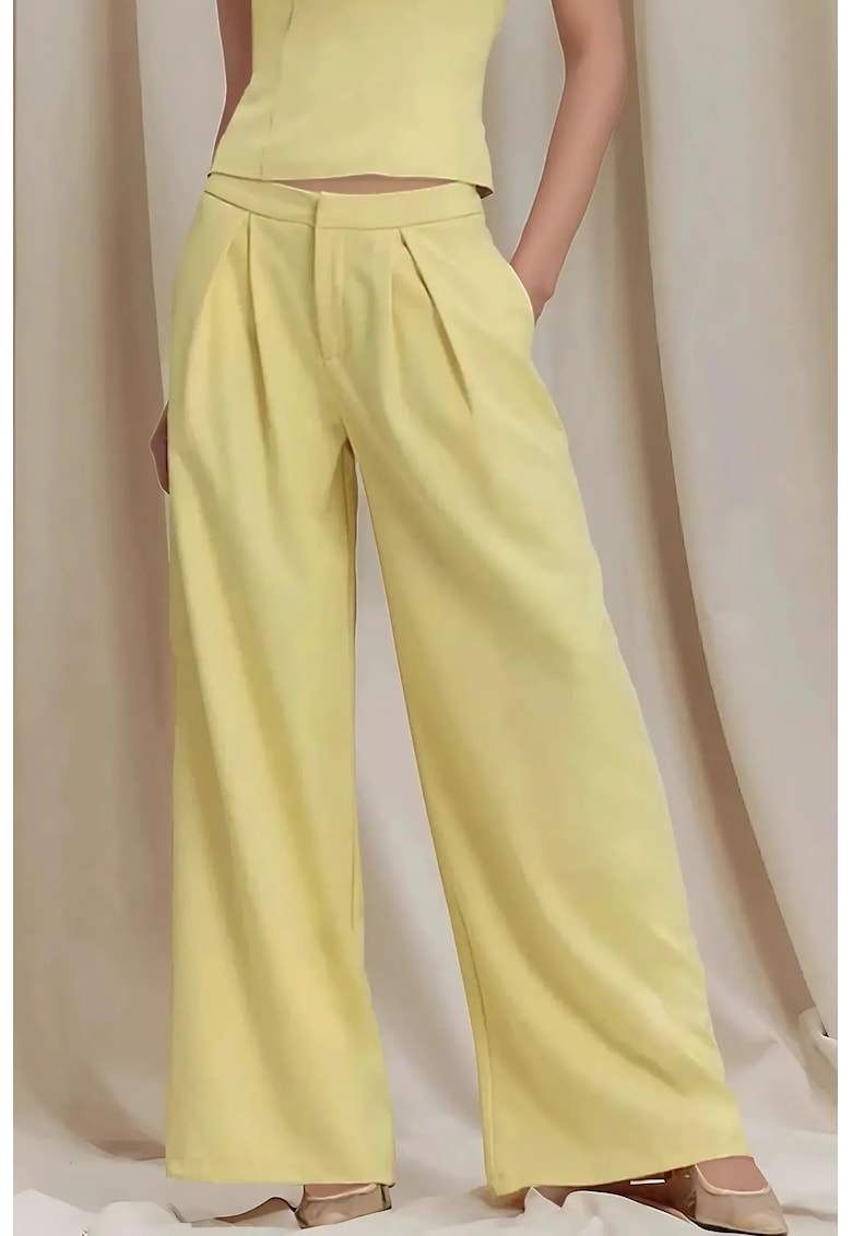 Pantaloni dama - plisati - croi larg - galben - textil