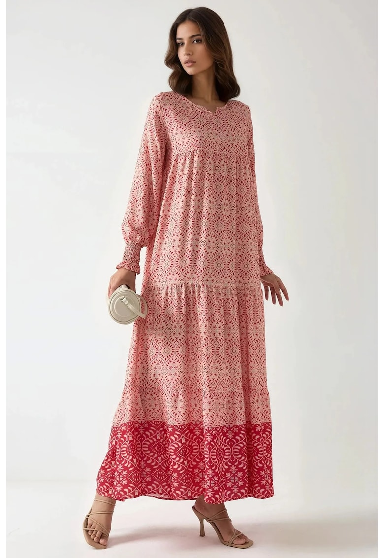 Rochie maxi viscoza - guler rotund - roz - maneci lungi