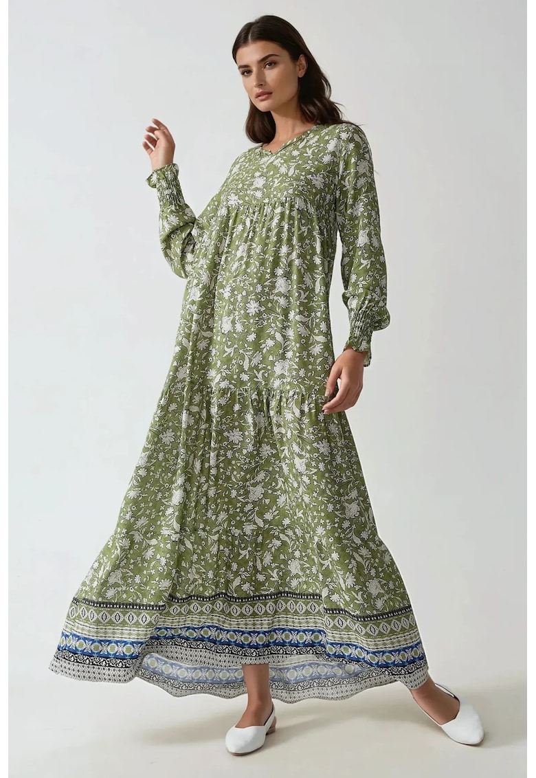 Rochie maxi - viscoza imprimata - guler rotund - verde