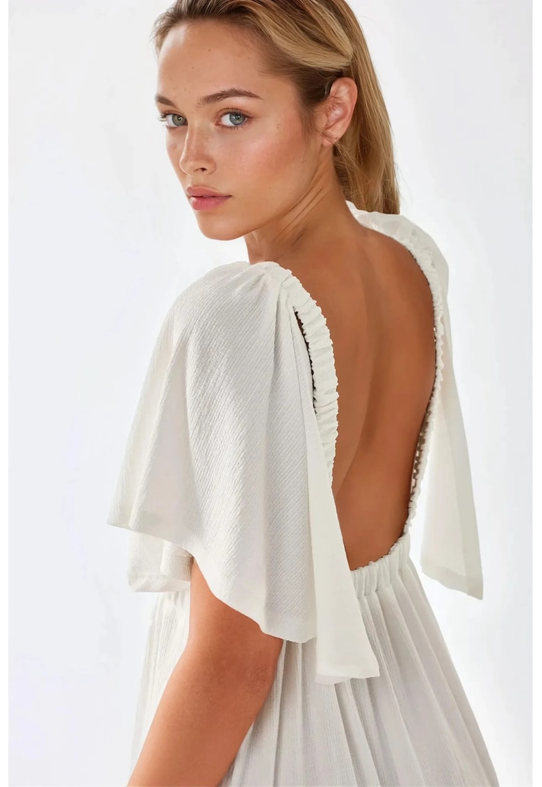Rochie maxi - texturata - decolteu in V - forma de A - alb - textil
