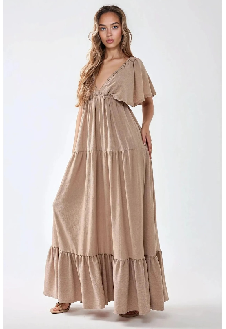 Rochie maxi - texturata - decolteu in V - maro - textil