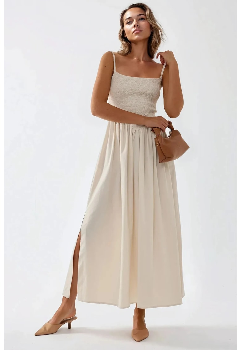 Rochie maxi - forma de A - decolteu patrat - bej - textil