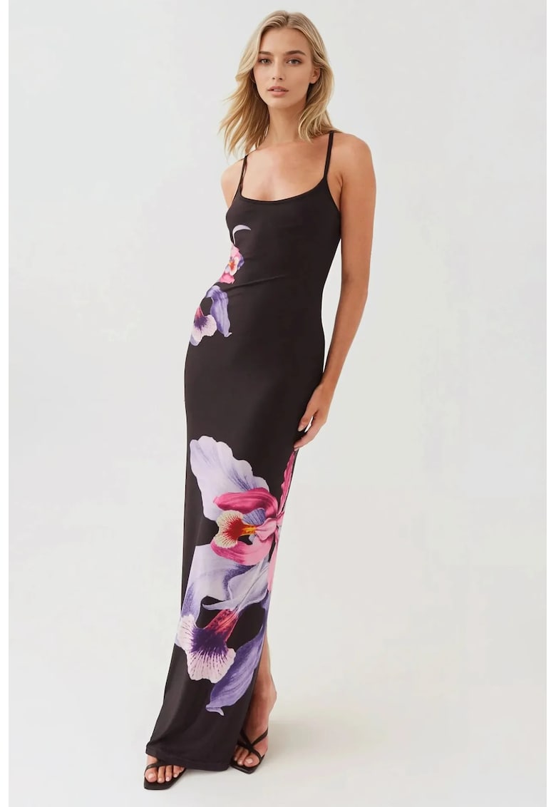 Rochie maxi - floral - mulata - neagra - jerseu