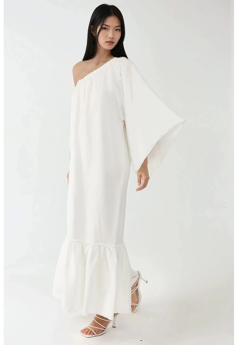 Rochie maxi - guler asimetric - umeri goi - alb - textil