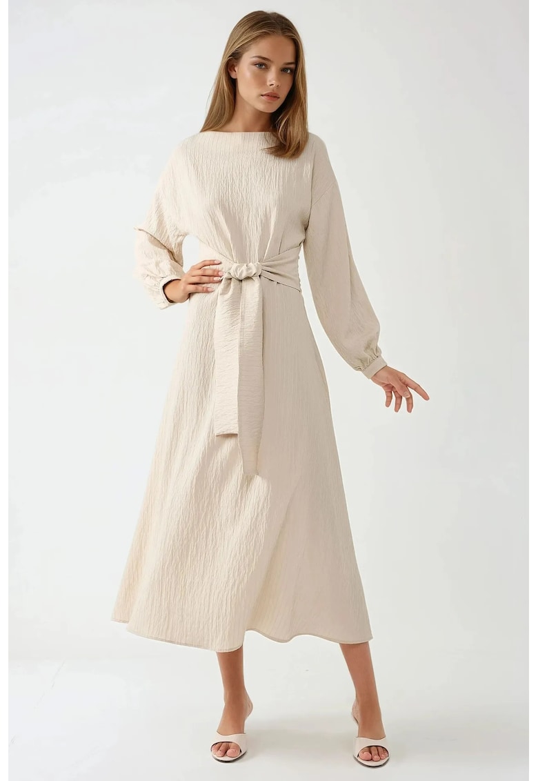 Rochie maxi - texturata - guler rotund - bej - textil