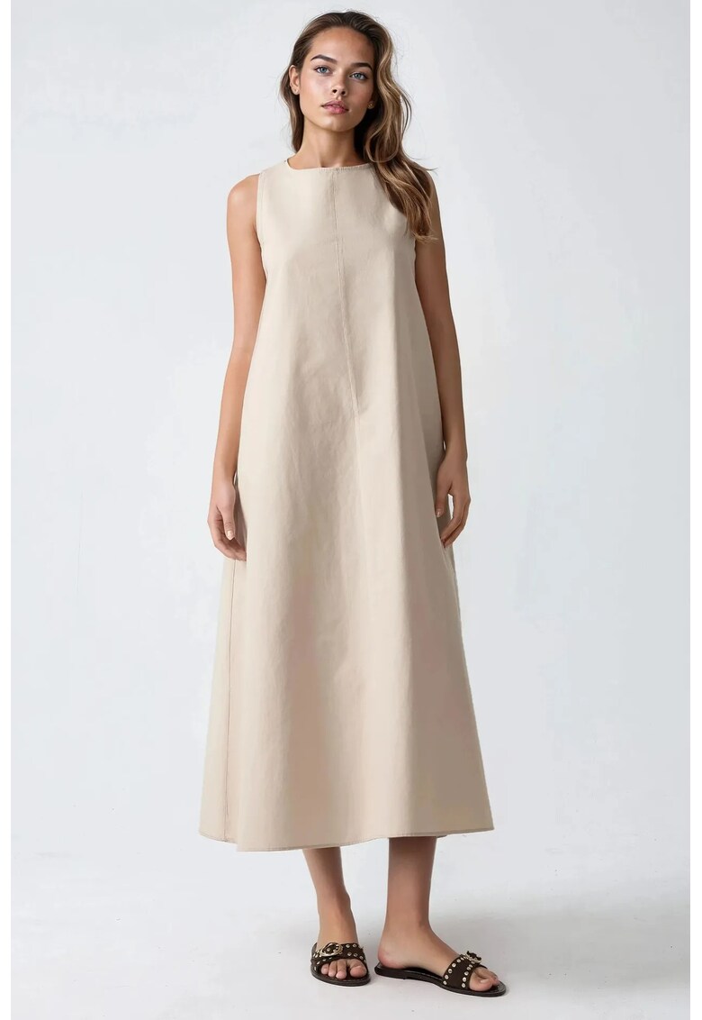 Rochie maxi - forma de A - bej - fara maneci - decolteu rotund - textil