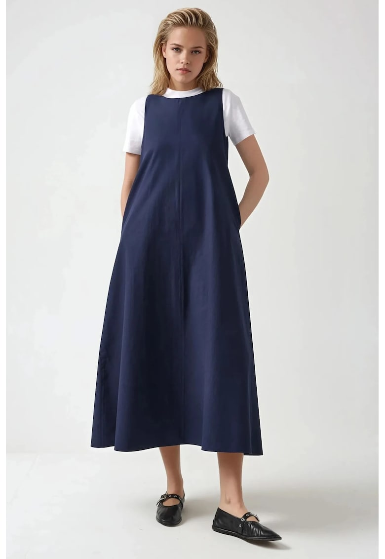 Rochie maxi - in forma de A - fara maneci - guler rotund - albastra - textil