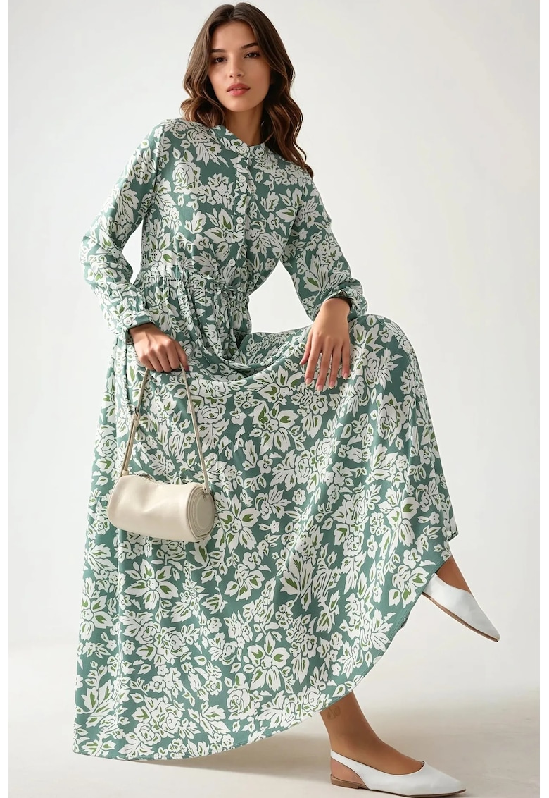 Rochie maxi - imprimeu - guler sofisticat - verde - viscoza