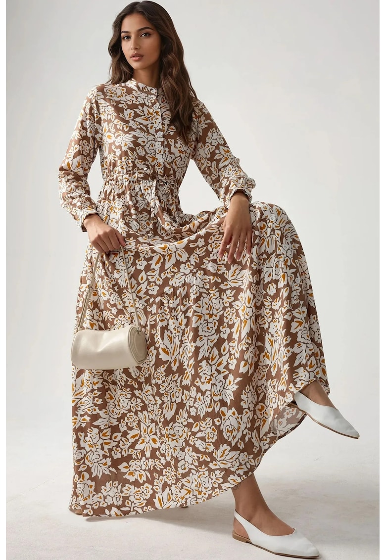 Rochie maxi - imprimeu - guler sofisticat - bej - viscoza