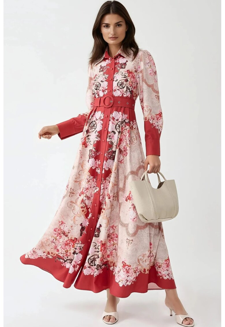 Rochie maxi - imprimeu - guler rotund - rosu - jerseu