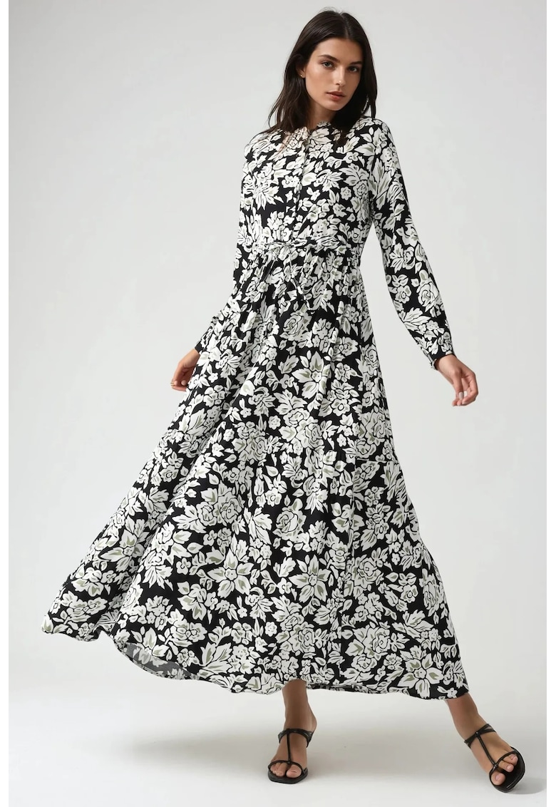 Rochie maxi - imprimeu - cu guler camasa - negru - fabrica