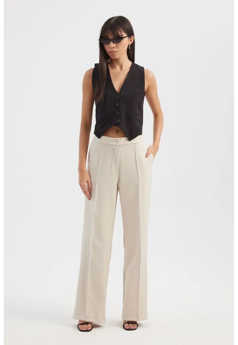 Pantaloni dama largi - talie inalta - alb - textil