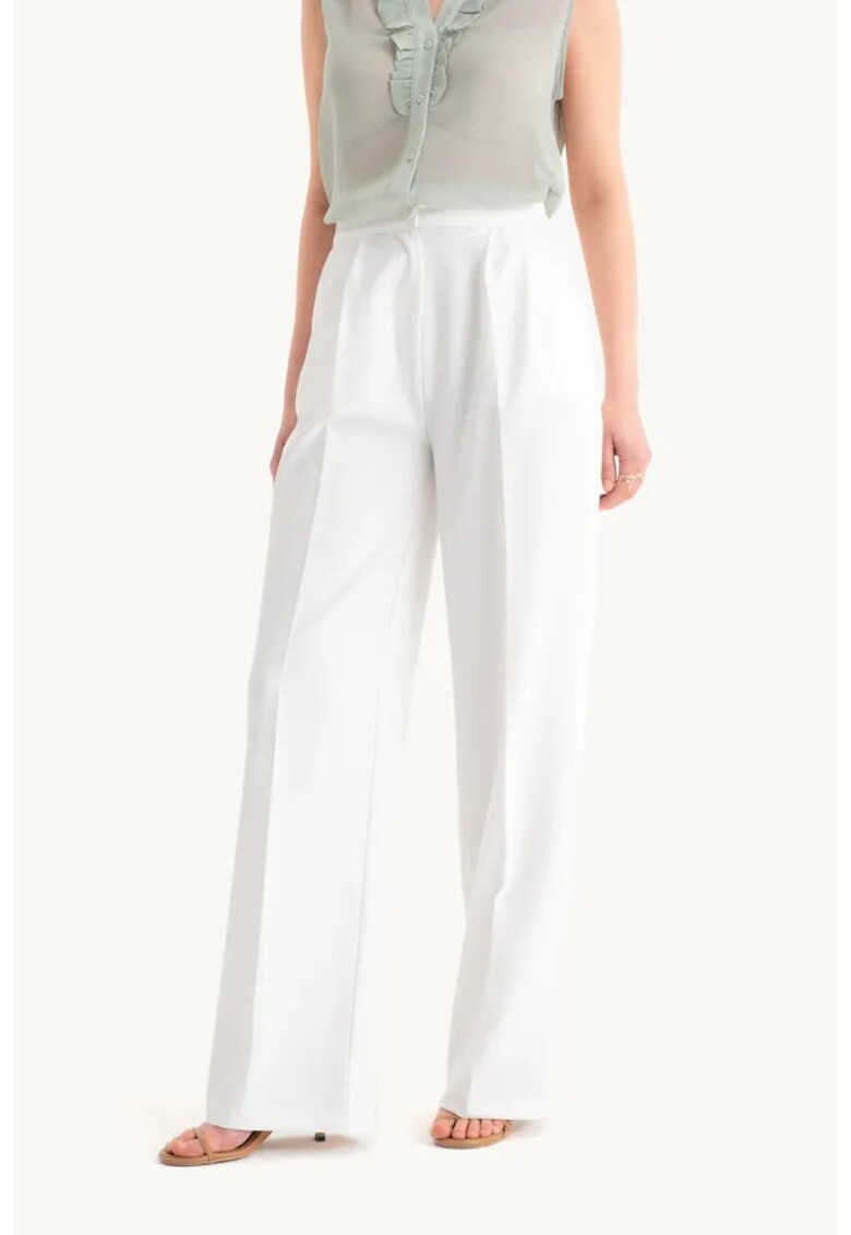 Pantaloni dama - largi - talie inalta - alb - textil
