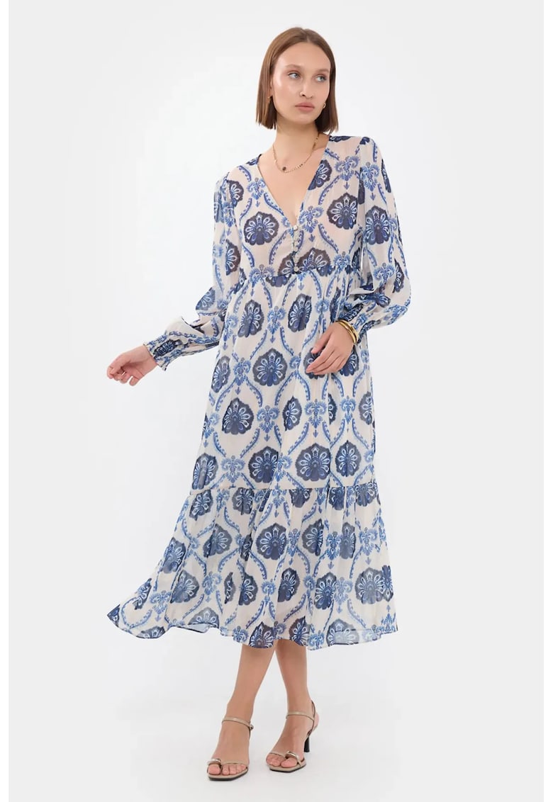 Rochie maxi - abstract - decolteu in V - nasturi - albastra - textil